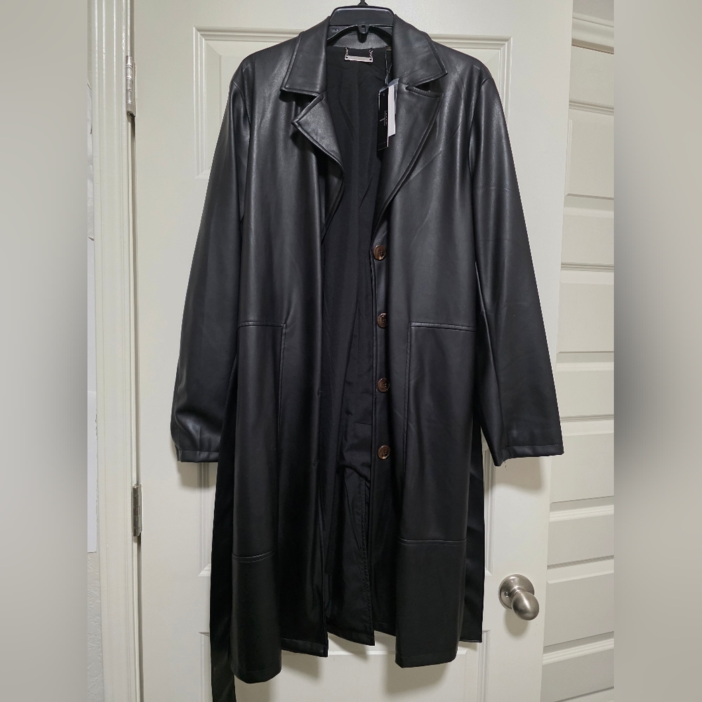 T Tahari Black Leather Long Jacket